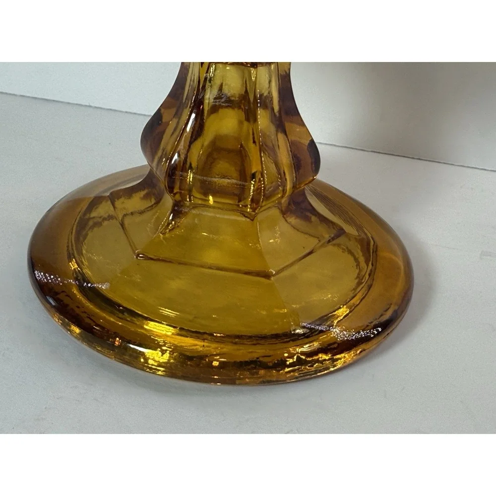 Vintage Amber Glass Thumbprint Pedestal Compote Bowl Scalloped Centerpiece Dish
